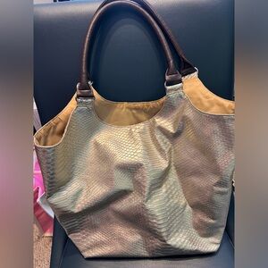 NEIMAN MARCUS GOLD METALLIC Faux Snake Skin TOTE BAG Carry All Purse Bag